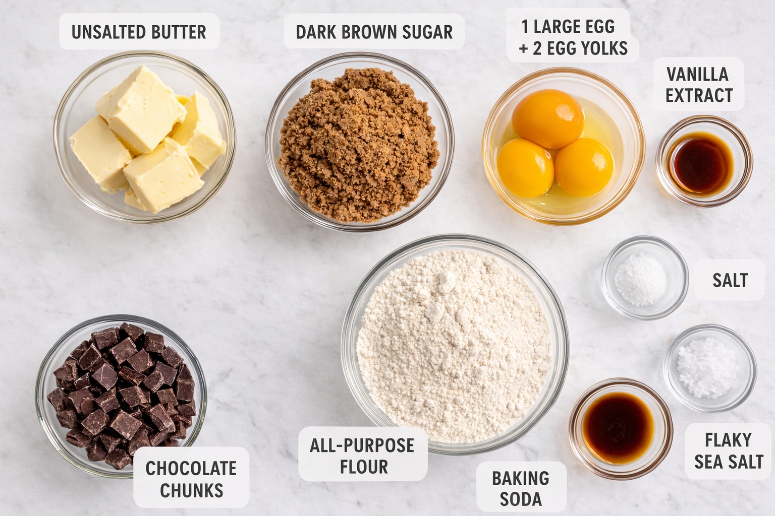 All ingredients for brown butter chocolate chip cookies laid out in bowls